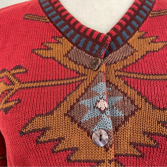 Peruvian Connection Red Patterned Pima Cotton Cardigan - Picture 5 of 6